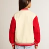 Kids' bomber jacket in beige and red cotton with embroidery on the chest