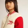 Kids' bomber jacket in beige and red cotton with embroidery on the chest