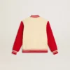 Kids' bomber jacket in beige and red cotton with embroidery on the chest