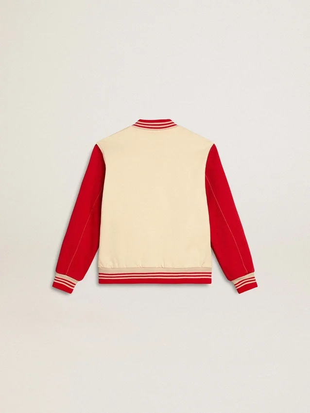 Kids' bomber jacket in beige and red cotton with embroidery on the chest