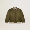 Kids military-green nylon bomber jacket with lettering on the back