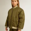 Kids military-green nylon bomber jacket with lettering on the back