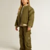 Kids military-green nylon bomber jacket with lettering on the back
