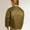 Kids military-green nylon bomber jacket with lettering on the back