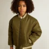 Kids military-green nylon bomber jacket with lettering on the back