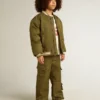 Kids military-green nylon bomber jacket with lettering on the back