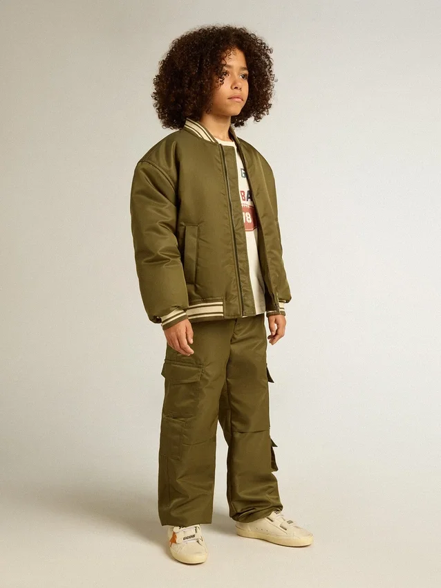 Kids military-green nylon bomber jacket with lettering on the back