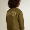 Kids military-green nylon bomber jacket with lettering on the back
