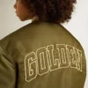 Kids military-green nylon bomber jacket with lettering on the back