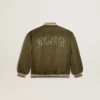 Kids military-green nylon bomber jacket with lettering on the back