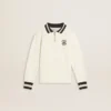 Kids white cotton polo sweatshirt with embroidery on the chest and print on the back