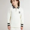 Kids white cotton polo sweatshirt with embroidery on the chest and print on the back