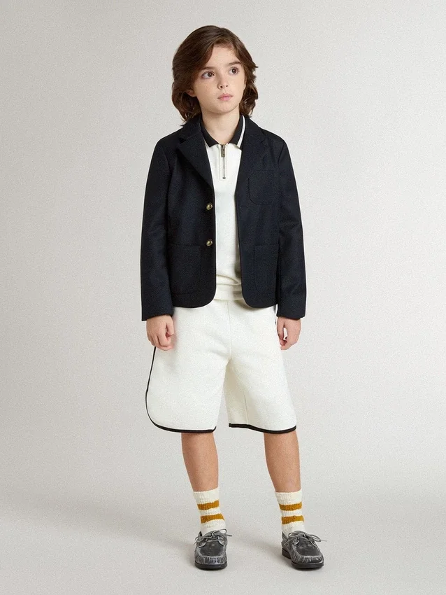 Kids white cotton polo sweatshirt with embroidery on the chest and print on the back