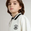 Kids white cotton polo sweatshirt with embroidery on the chest and print on the back