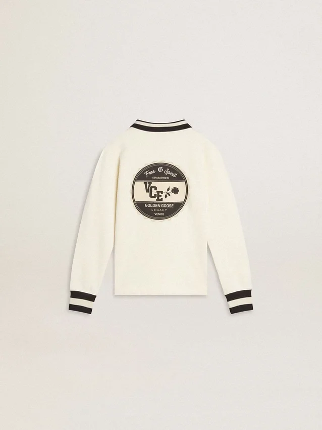 Kids white cotton polo sweatshirt with embroidery on the chest and print on the back