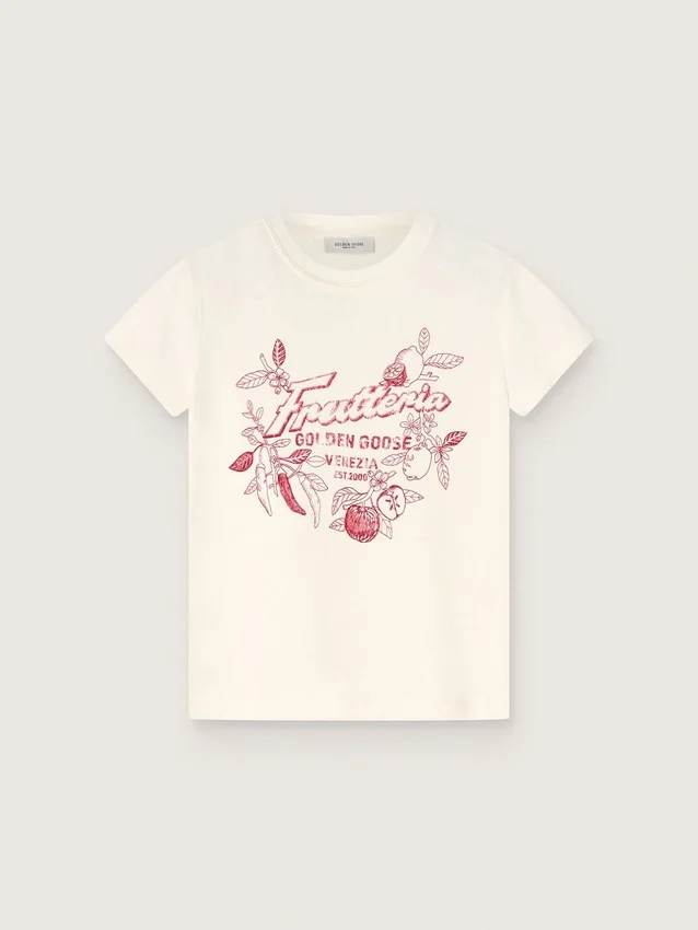 Kids' white cotton T-shirt with “Frutteria Golden” print