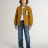 Kids’ wool bomber jacket in ochre yellow with patch