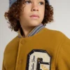 Kids’ wool bomber jacket in ochre yellow with patch