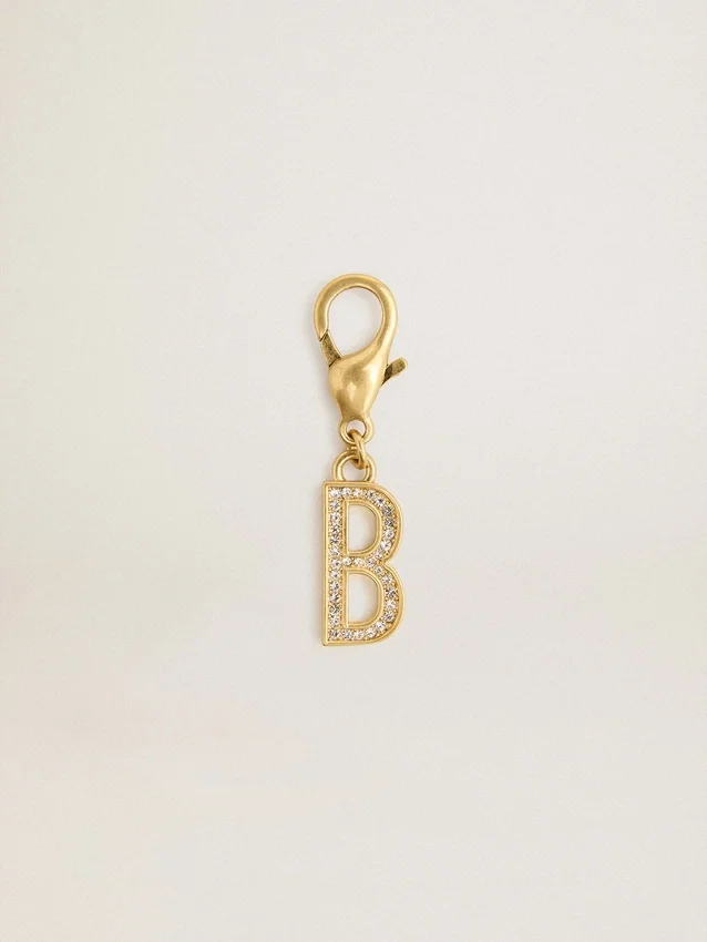 Letter B charm in gold-colored brass with crystals