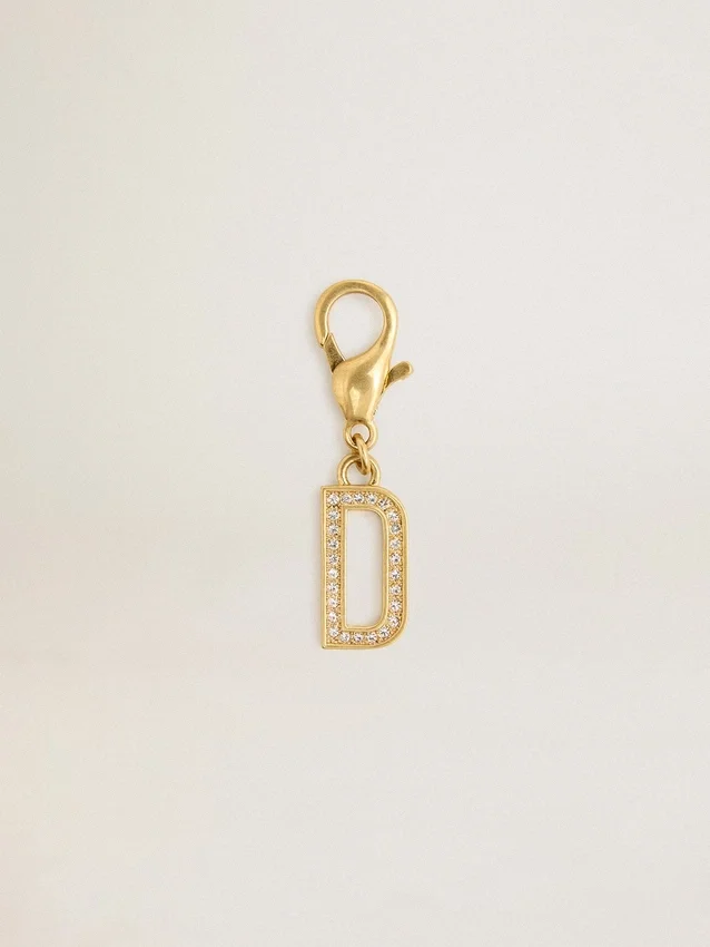 Letter D charm in gold-colored brass with crystals
