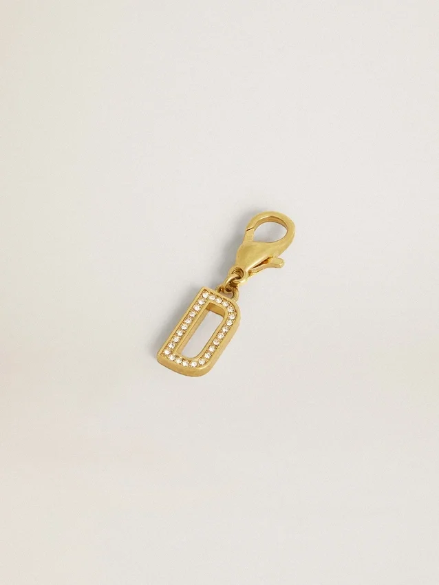 Letter D charm in gold-colored brass with crystals