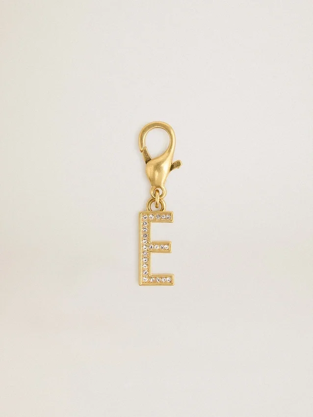 Letter E charm in gold-colored brass with crystals