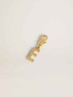 Letter E charm in gold-colored brass with crystals