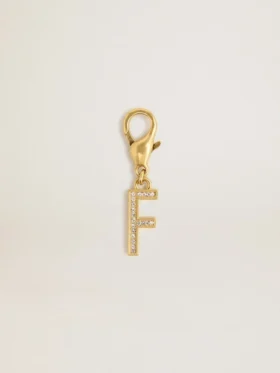 Letter F charm in gold-colored brass with crystals