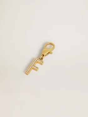Letter F charm in gold-colored brass with crystals