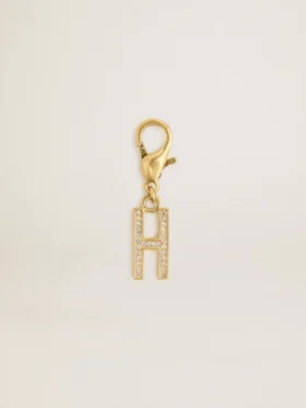 Letter H charm in gold-colored brass with crystals