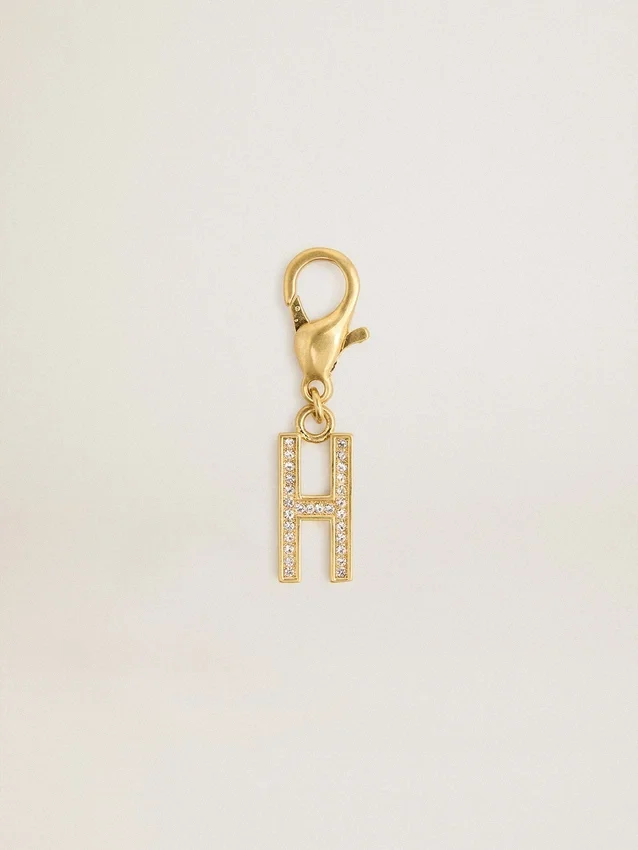 Letter H charm in gold-colored brass with crystals