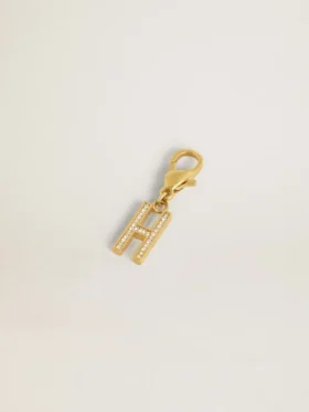 Letter H charm in gold-colored brass with crystals