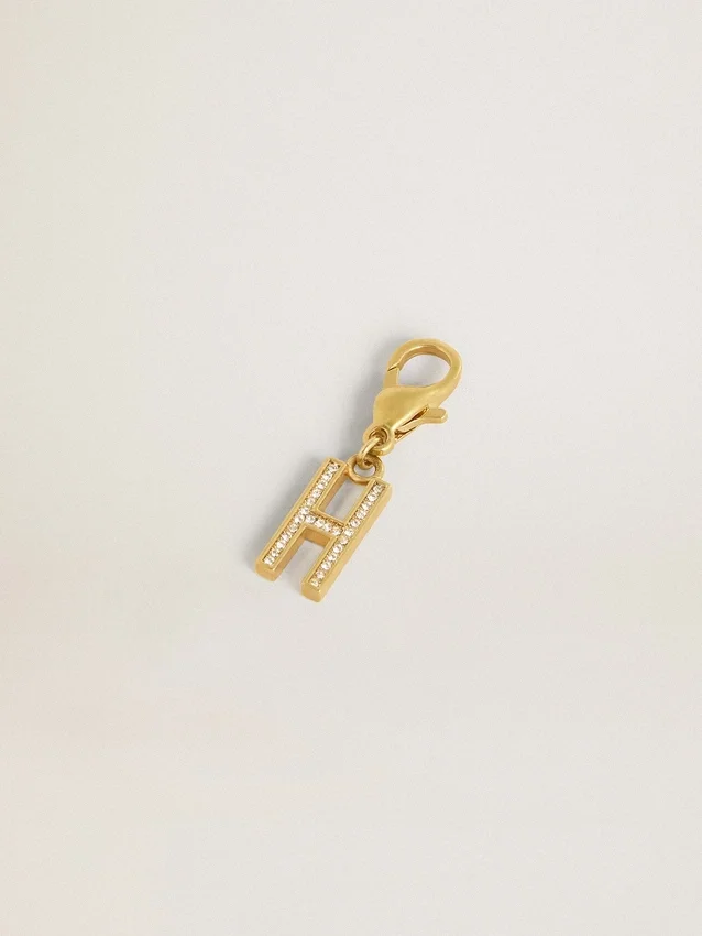 Letter H charm in gold-colored brass with crystals