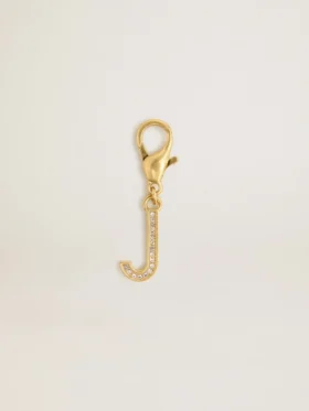 Letter J charm in gold-colored brass with crystals