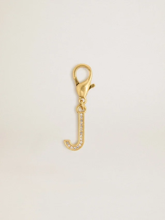 Letter J charm in gold-colored brass with crystals