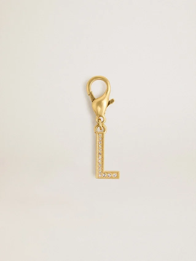 Letter L charm in gold-colored brass with crystals