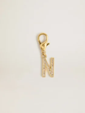 Letter N charm in gold-colored brass with crystals