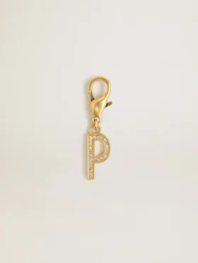 Letter P charm in gold-colored brass with crystals