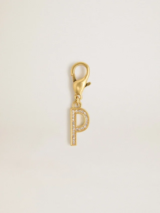 Letter P charm in gold-colored brass with crystals