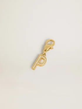 Letter P charm in gold-colored brass with crystals