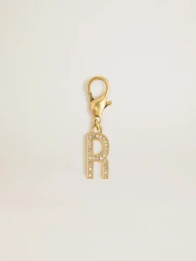 Letter R charm in gold-colored brass with crystals