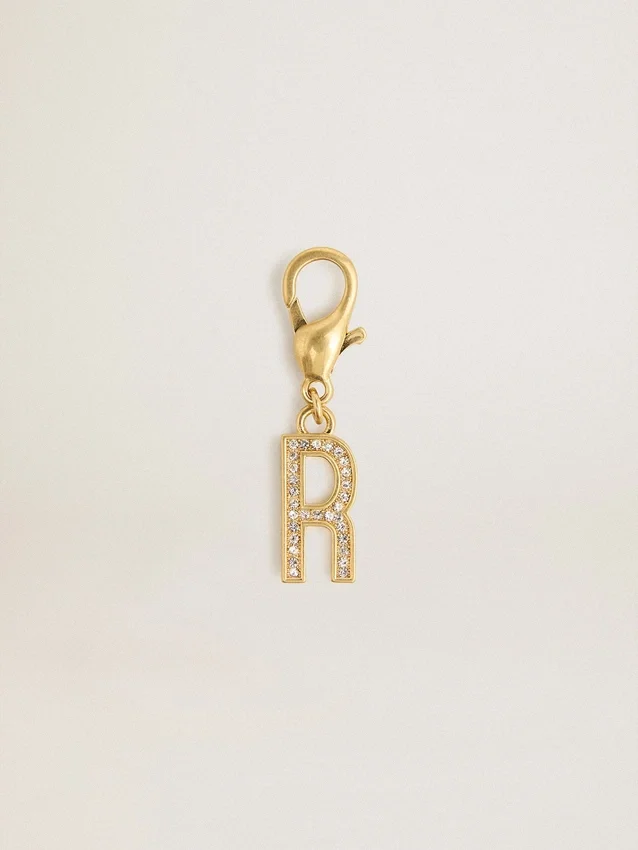 Letter R charm in gold-colored brass with crystals