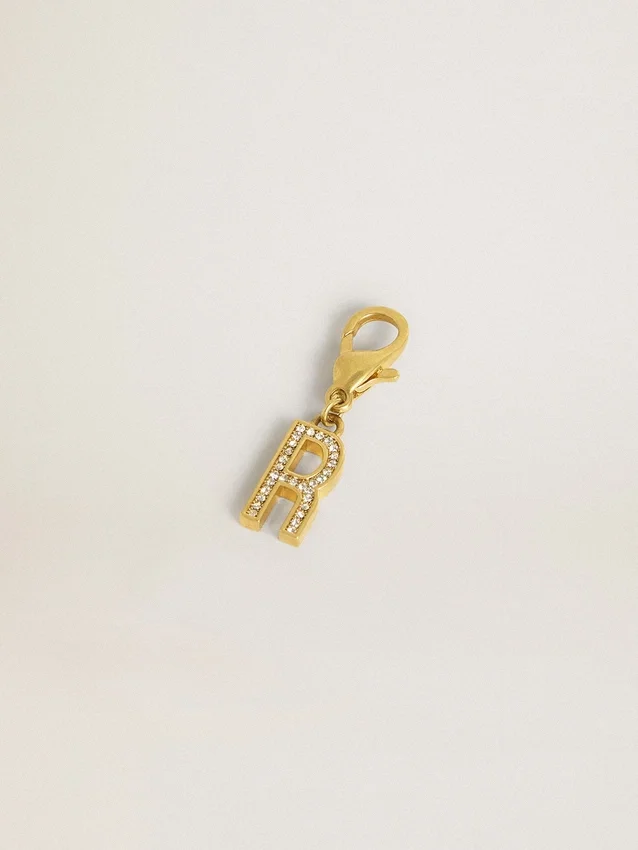 Letter R charm in gold-colored brass with crystals