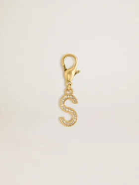 Letter S charm in gold-colored brass with crystals
