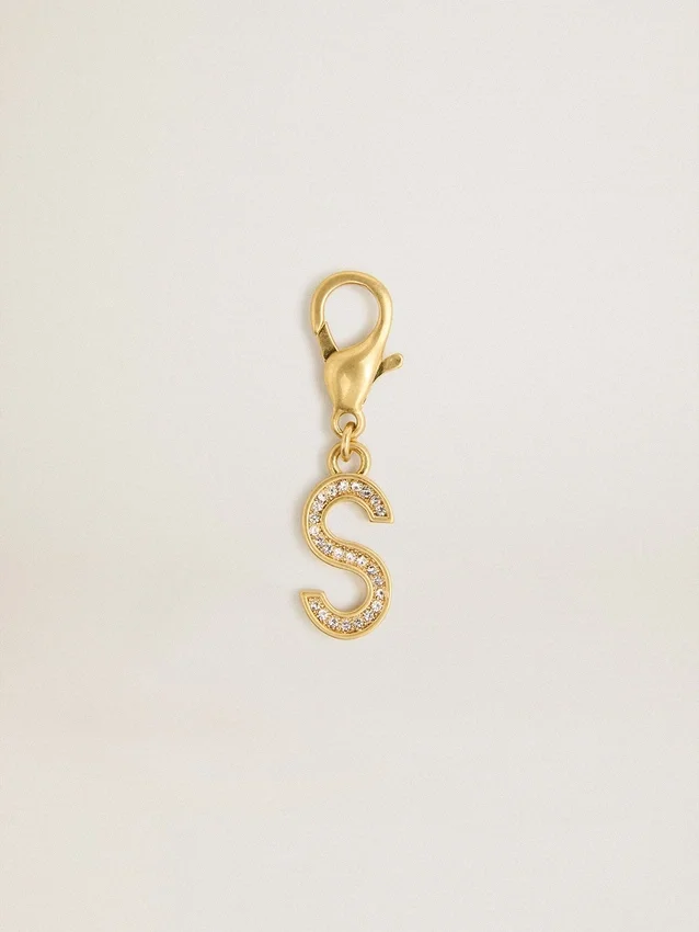 Letter S charm in gold-colored brass with crystals
