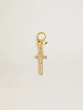 Letter T charm in gold-colored brass with crystals