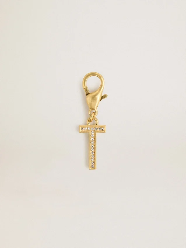 Letter T charm in gold-colored brass with crystals