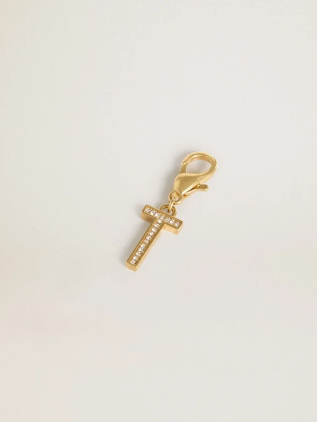 Letter T charm in gold-colored brass with crystals