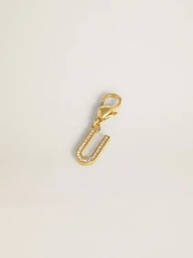Letter U charm in gold-colored brass with crystals