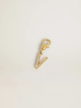 Letter V charm in gold-colored brass with crystals
